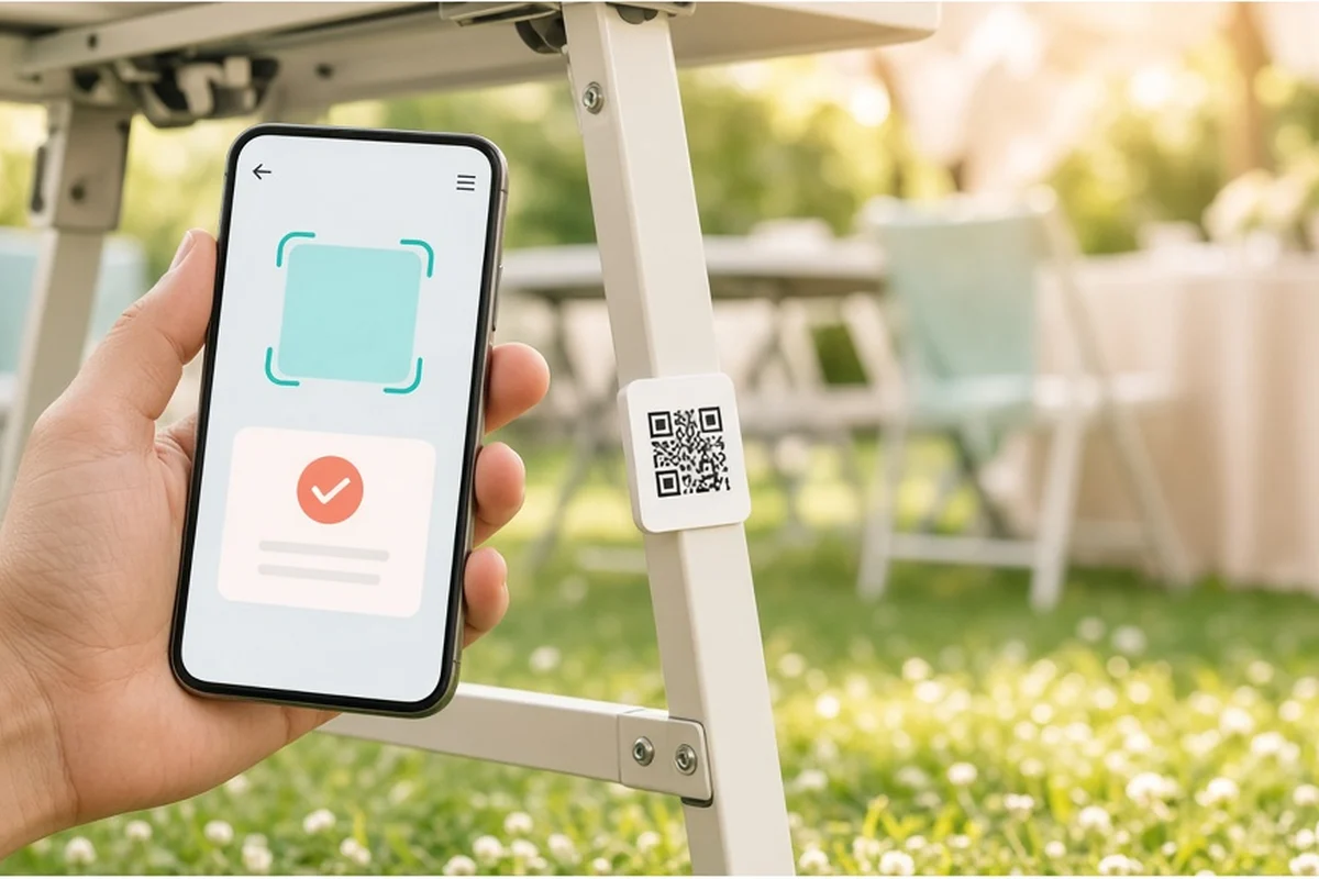 Hand holding a phone next to a QR tag on event gear