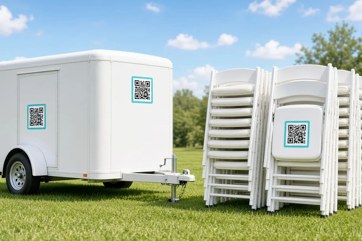 QR tags on a white cargo trailer and stacked folding chairs