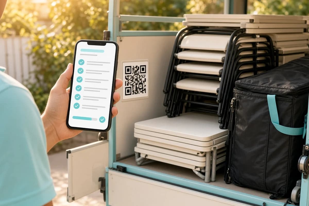 Phone checklist beside a loaded trailer of tables and chairs