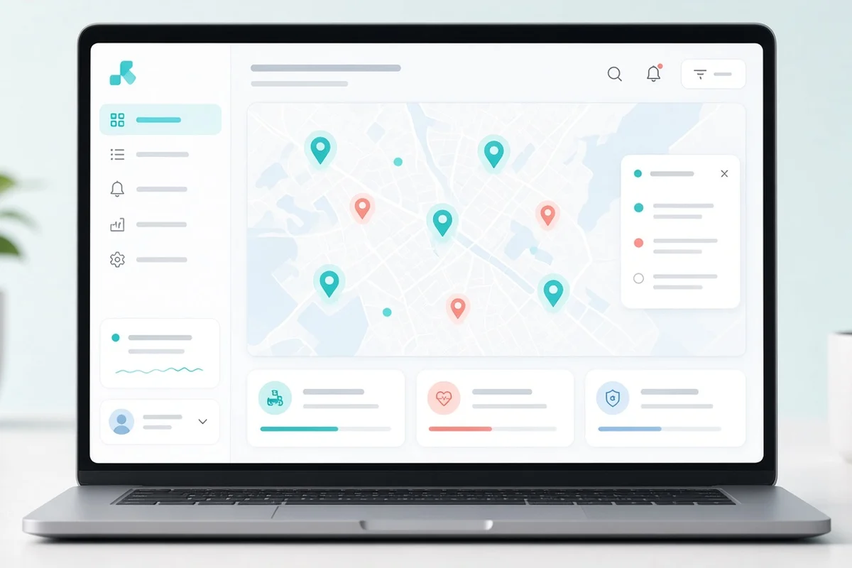 Laptop showing a map of equipment pins in the web app