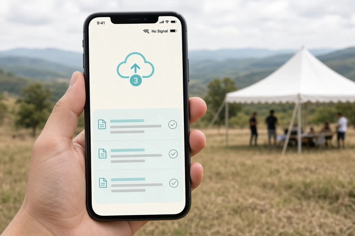 Phone showing no signal and three scans waiting to sync