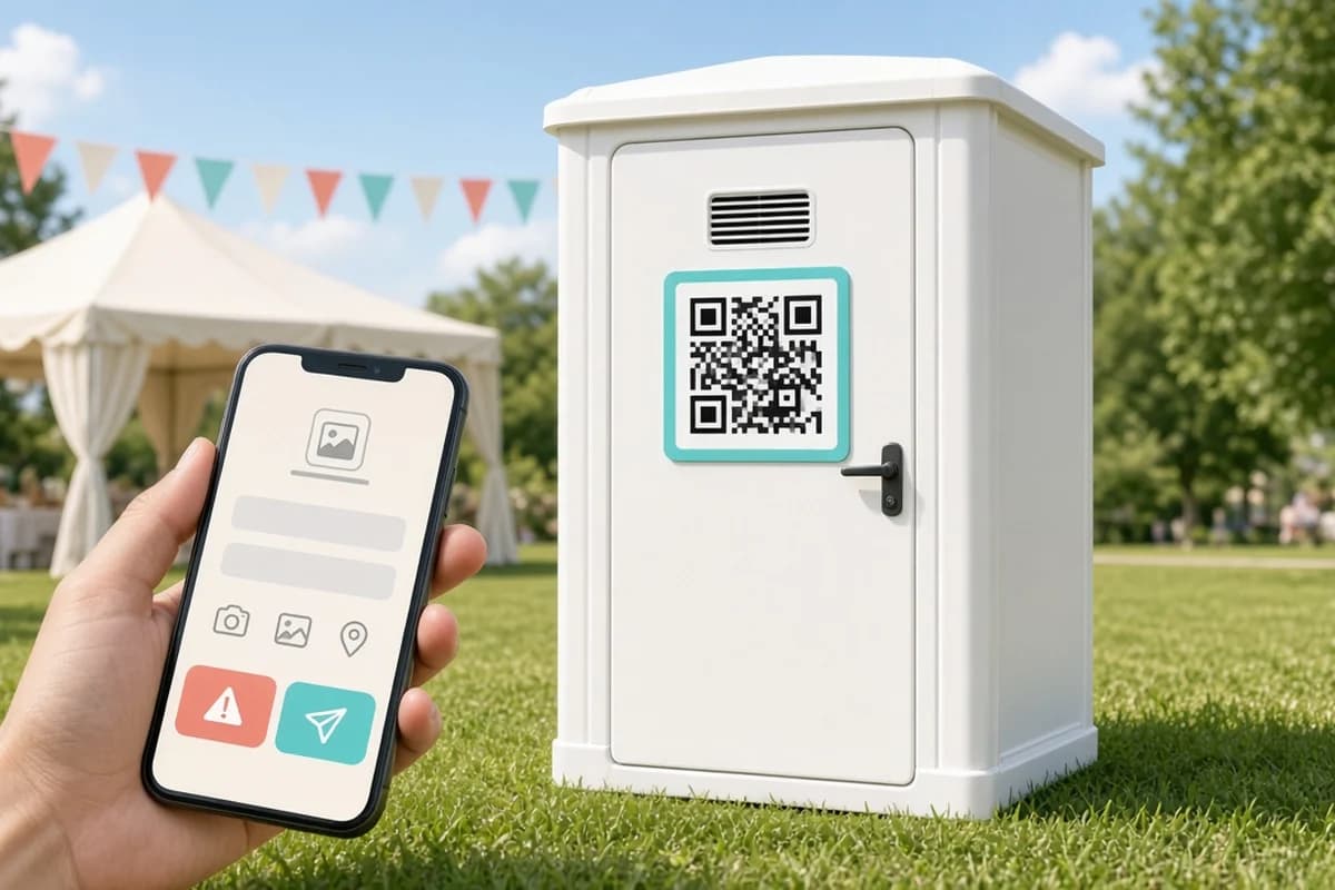 QR code on a restroom door beside a public report on a phone