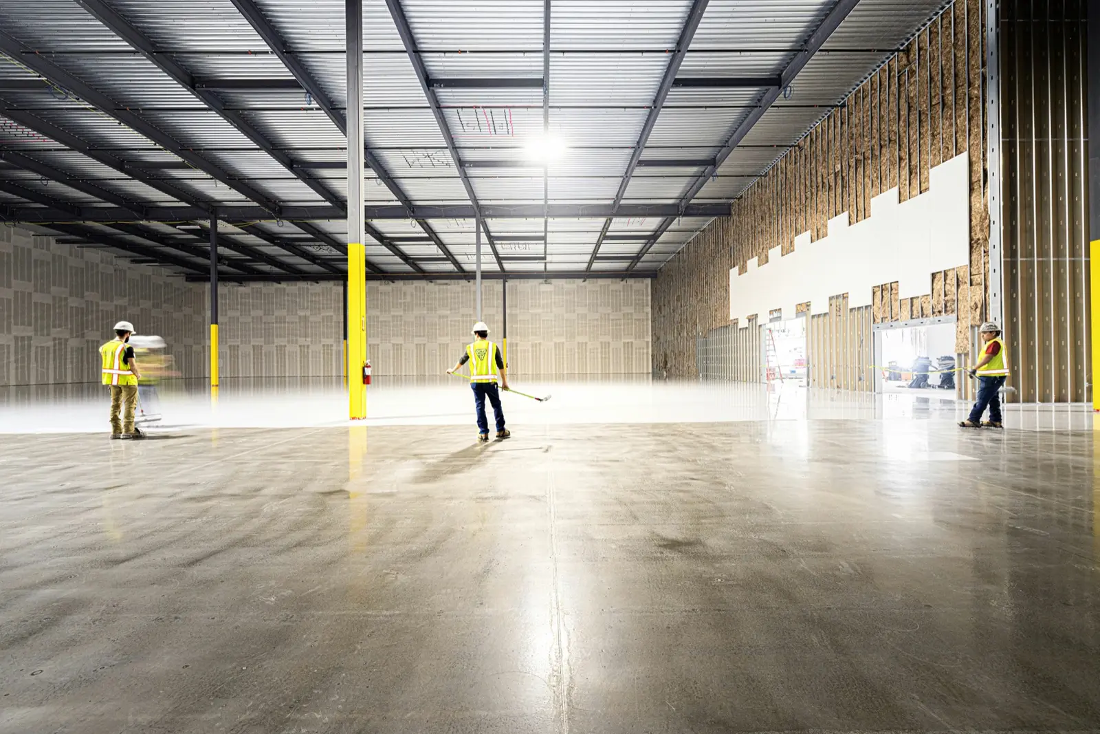 Large new warehouse with workers in high-visibility vests